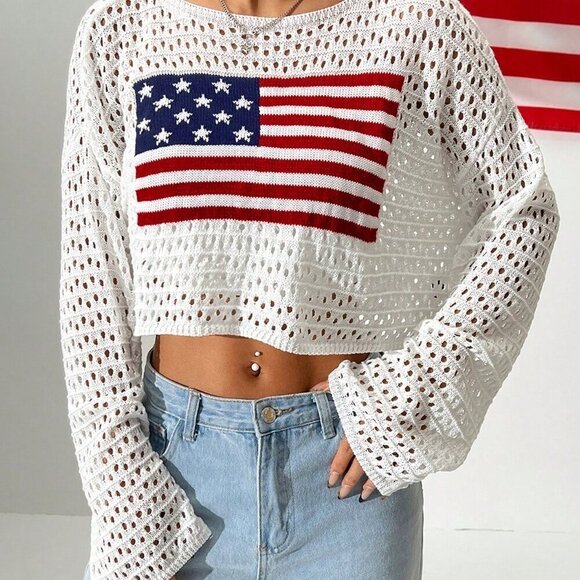 White Casual Women's Hollow Out Sweater With Flag Print Round Neck - Picture 5 of 7